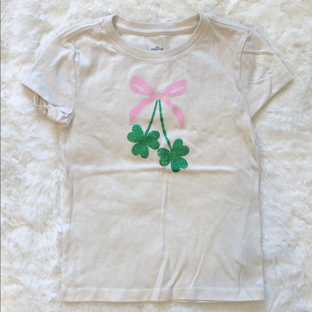 Girls' Cream Tee with Pink Bow & Green Clover Graphic Girls Size S 6-7